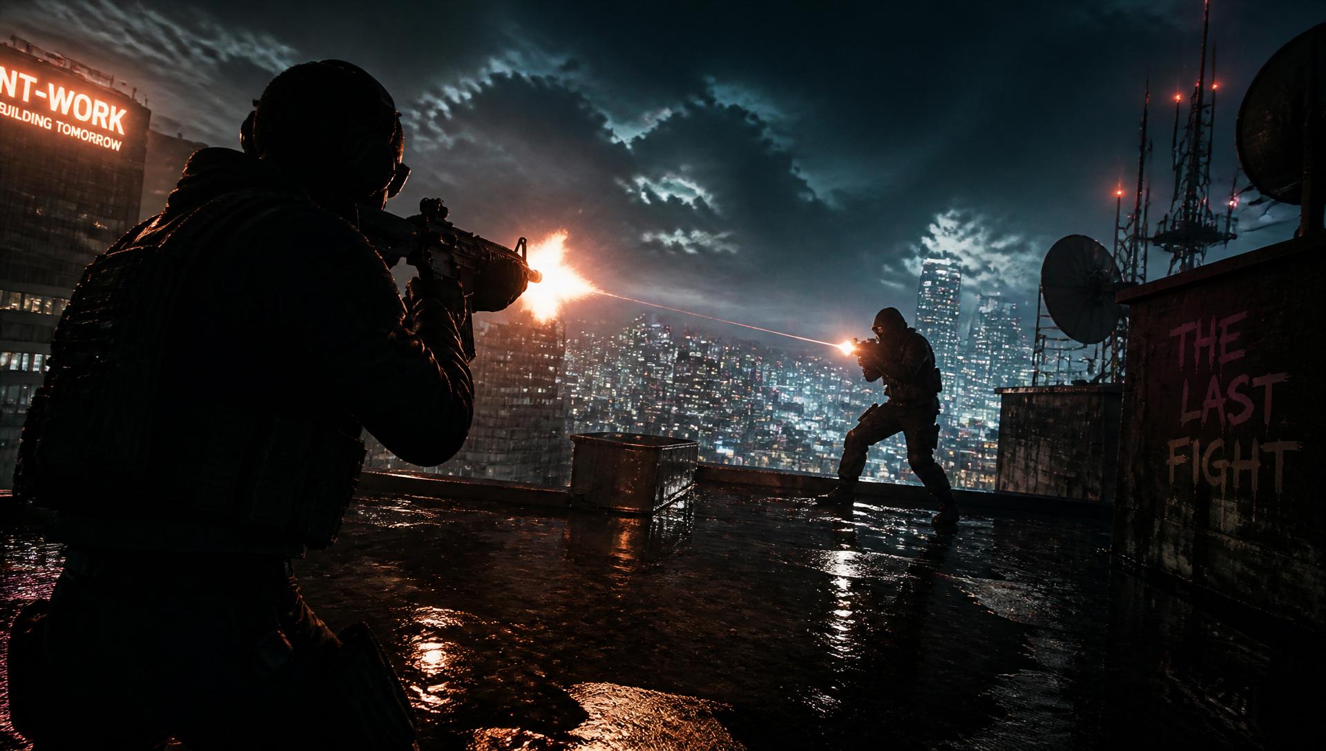 Two fighters dueling on a rain-slicked skyscraper rooftop at night